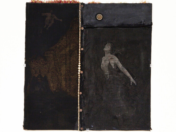 Bruce Conner, Untitled (Pearl Necklace), October 9 1958, mixed media assemblage, with paint, silk, photo collage and pearls, 11 5/8 X 11 3X16 X 1/2 inches