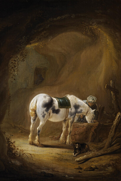 Pieter Cornelis Verbeeck, A Rider in Oriental Dress halting in a Grotto with his Horse and his Dog, Provenance: Moltke Familly Collection, Sweden;Collection of Eric Cervin, Haneberg Manor, Sweden;Collection of Anna Trellens; Private Collection, Sweden