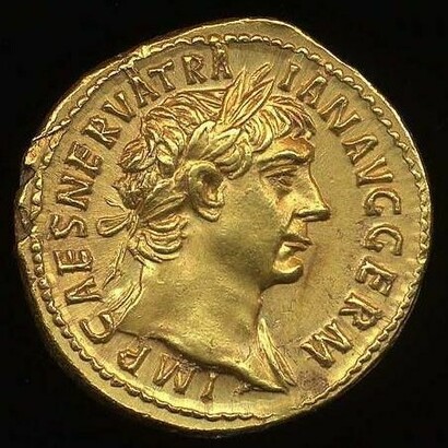 Moneta romana con effigie dell'imperatore Traiano