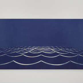 Bridget Smith, Blueprint for a Sea (series), 2015, four cyanotype prints on aluminium, five opaline globe lights, Courtesy Focal Point Gallery, Photo: Manuela Barczewski
