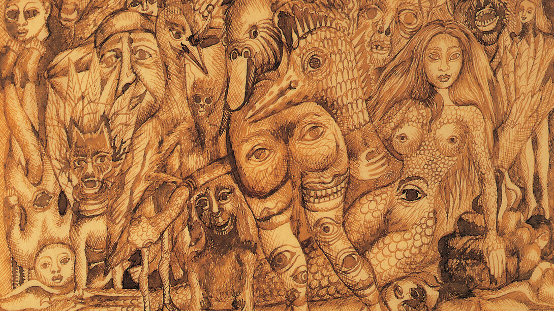 Frida Kahlo, Sans Titre ("Dessin au sujet inspiré de la philosophie orientale"), 1946. Encre sépia sur papier, 18 x 26,7 cm. Collection privée.