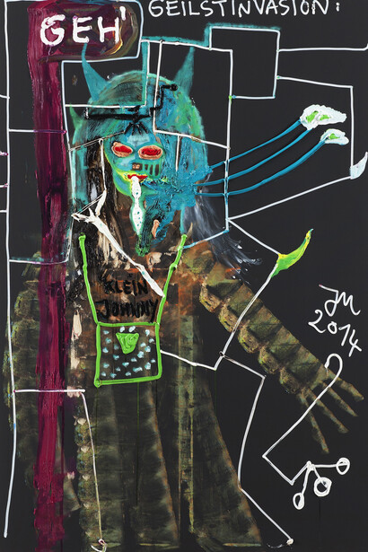 Jonathan Meese, DAS NAIVSTE MEESE-KIND BESCHNULLERT SOGAR DEN LETZTEN LÖKHEULER., 2014, Oil, acrylic on canvas, 210,5 x 140,3 x 3,3 cm / 82 3/4 x 55 1/4 x 1 1/3 in, Courtesy Jonathan Meese; Sies + Höke, Düsseldorf, Photographer Jan Bauer  