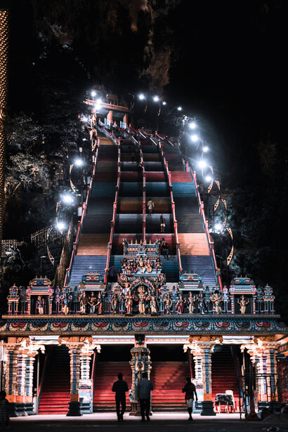 The colorful staircase at Batu Caves, Gombak, Malaysia, at night