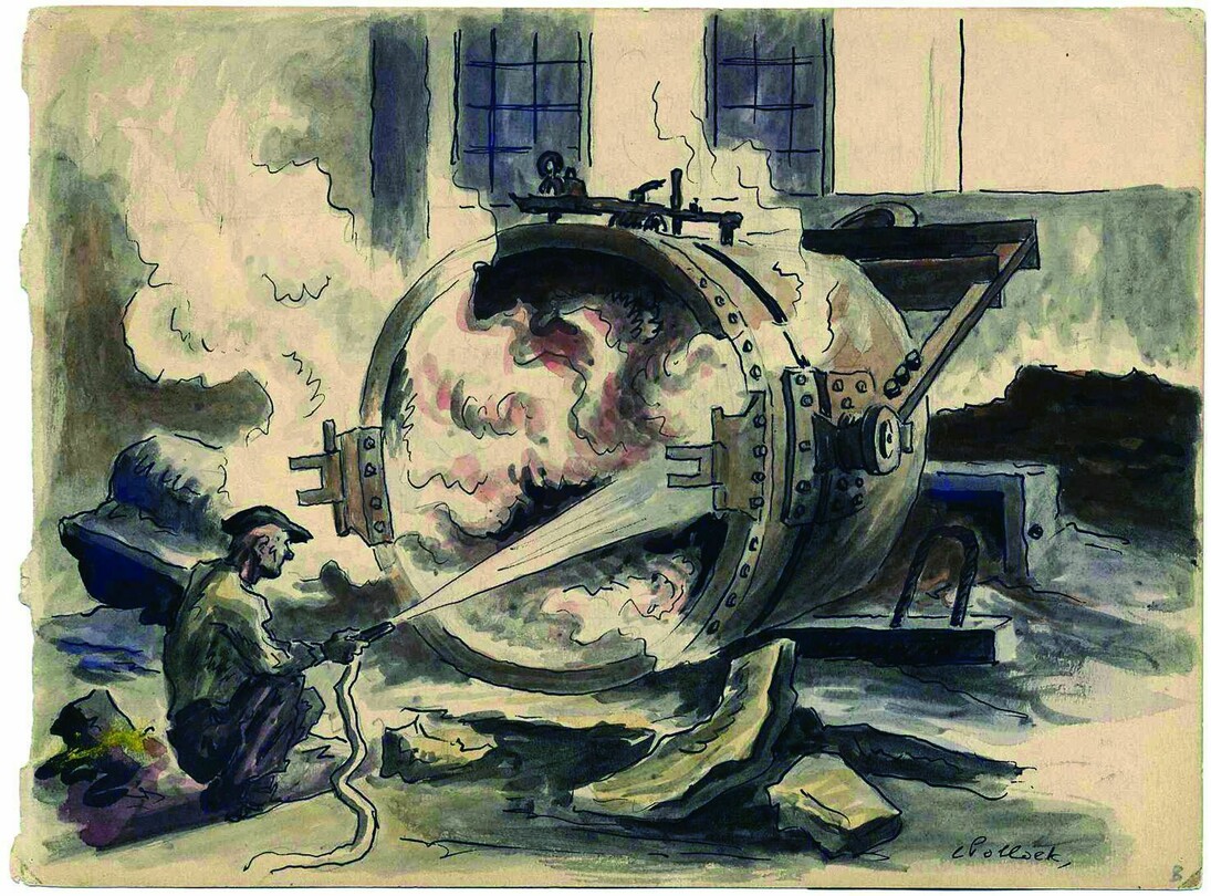 Charles Pollock Acciaieria, Gary, Indiana, 1933. Inchiostro e acquerellature colorate su carta. Collezione privata © Charles Pollock Archives 