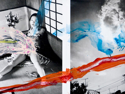 Nobuyoshi Araki, “Untitled”, 2007, b/w photograph, acrylic, cm 60 x 100 total (two parts), Photo: @Luigi Acerra. Courtesy the artist and Studio Guenzani, Milan