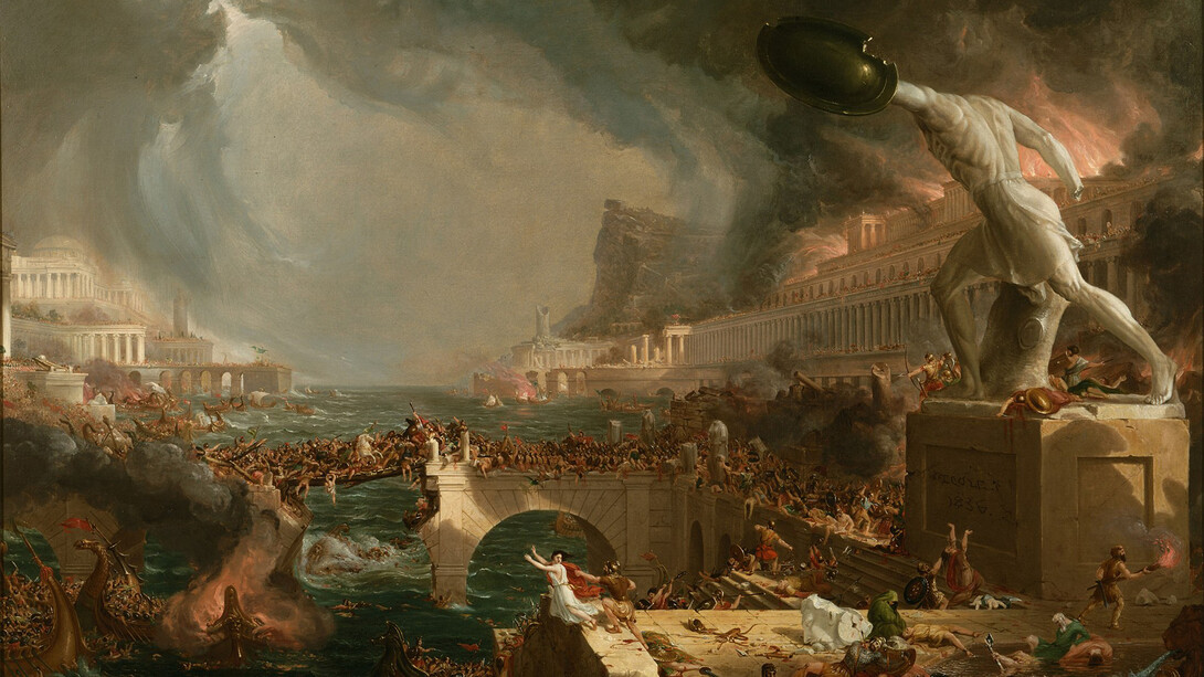 La distruzione dell'Impero romano, di Thomas Cole. Dipinto allegorico (ispirato molto probabilmente al sacco di Roma dei Vandali del 455), quarto della serie "Il corso dell'Impero" del 1836, oggi a New York, presso la New-York Historical Society