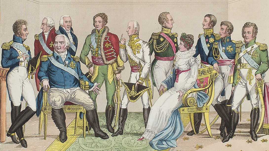 From left to right: Charles, Count of Artois, Louis XVIII, Marie Caroline, Duchesse of Berry, Marie Thérèse, Duchesse of Angoulême, Louis Antoine, Duke of Angoulême and Charles Ferdinand, Duke of Berry