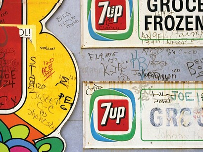 Gordon Matta-Clark, 7up advertisement sign with various tags (detail), 1972, NYC. Photo courtesy Estate
of Gordon Matta-Clark