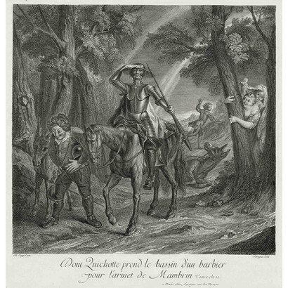 Louis Surugue père (French, 1686−1762) after Charles Coypel (French, 1694–1752) Don Quixote Mistakes the Basin of a Barber for the Helmet of Mambrino, 1723−24 Engraving Plate: 13 1/8 x 12 1/2 inches The Hispanic Society of America, New York (LQ 1681). Photo: George Koelle
