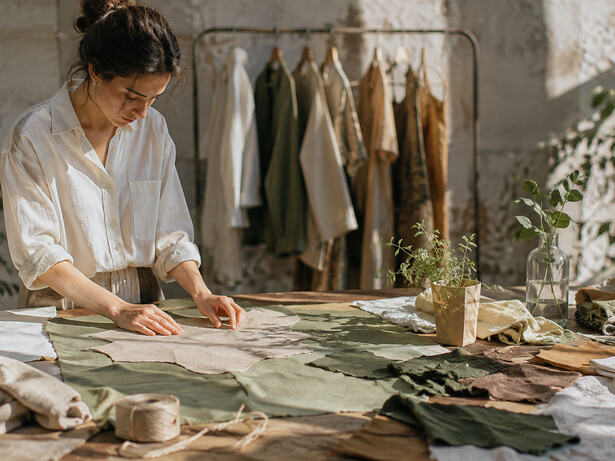 A designer carefully arranging fabric pieces across a worktable, representing the zero waste philosophy of finding purpose for every part of a textile