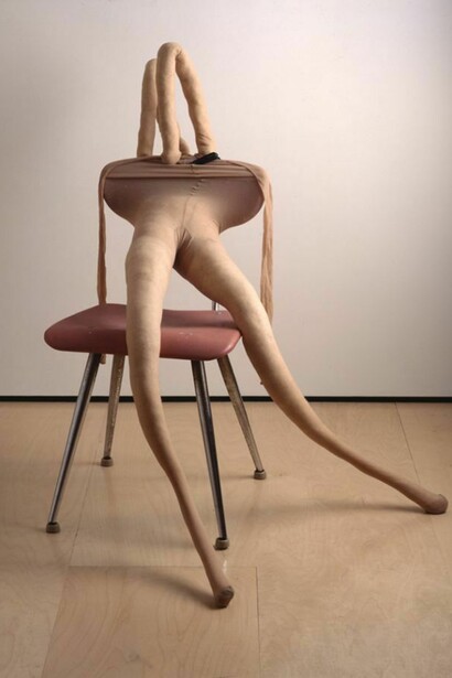 Bunny Gets Snookered #1,1997, Tan tights, plastic and chrome chair, steel clamp, kapok stuffing, wire, 106 x 82 x 81.5 cm, Copyright the artist, courtesy Sadie Coles HQ, London