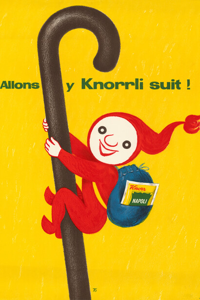 Manifesto «Knorr Napoli. Allons y Knorrli suit!» (1955). Autore: Hans Tomamichel. Committente: Società Anonima dei Prodotti Alimentari Knorr | Unilever Schweiz GmbH