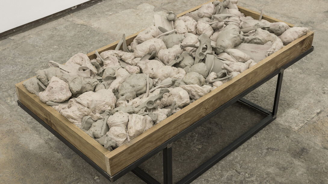 Exhibition view (detail, Untitled, 2015, acrylic, expanding foam, bones, bricks, wood, iron, 38 x 123 x 61,5 cm), I´m a mineralist, André Trindade, Photo: João Ferro Martins. Image courtesy of the artist and 3+1 Arte Contemporânea, Lisboa