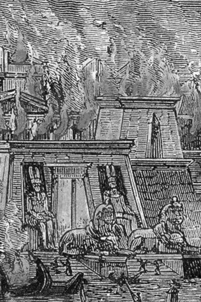 «El incendio de la Biblioteca de Alejandría», por Hermann Göll (1876). La pérdida de los fondos bibliotecarios de la ciudad simboliza la decadencia del pensamiento y la ciencia antigua frente al auge del fanatismo religioso, tensiones que definirían la Alejandría en la que vivió y enseñó Hipatia