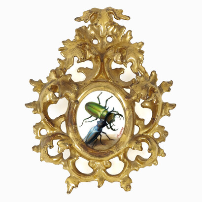 Laws of Attraction IV, 2014, Oil on porcelain with 18th century hand-carved gold leaf frame, 7 x 6 inches;
17.8 x 15.24 cm, Signed LR
