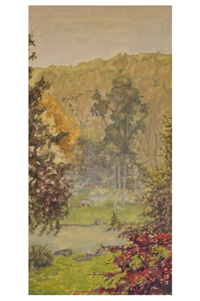 Drew Bennett, Brown Pond (fall rain), 2022,
oil on birch panel, 24x12 inches. Courtesy the artist and Eleanor Harwood Gallery