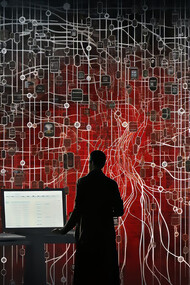 A hacker surrounded by streams of data, symbolizing the ongoing battle in cyber warfare and the critical role of cybersecurity