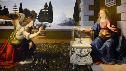 Leonardo Da Vinci; Anunciación, c. 1475, Galería de los Uffizi, Florencia, Italia