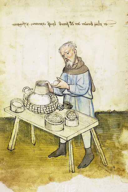 Ilustración de un comerciante de ultramarinos recuperada del Hausbuch der Mendelschen Zwölfbrüderstiftung, Band 1 (1425)