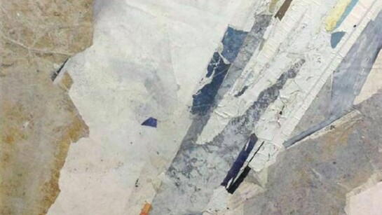 Ryan Wallace, Redactor II, 2013, enamel, acrylic, crystalina, glass powder, pigment, cold wax, glass film, tape, and vinyl on canvas, 72 x 60 inches