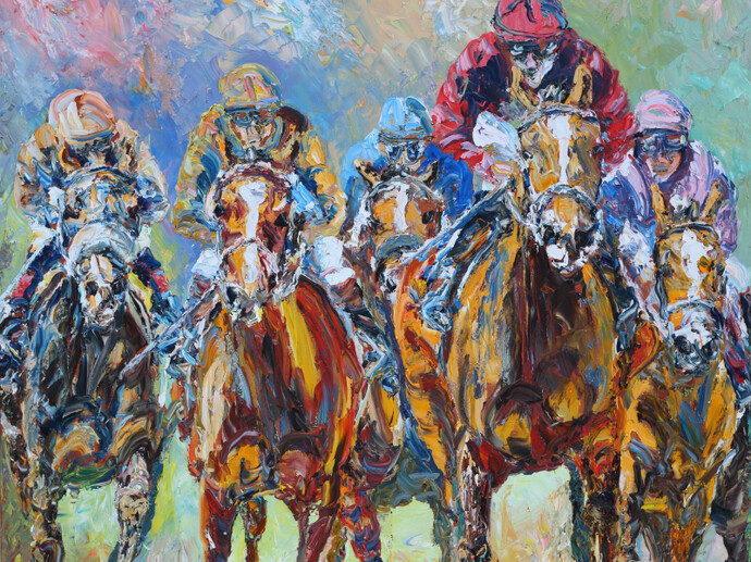 Liam O’Neill, Heading for the Straight, 48 x 48 inches