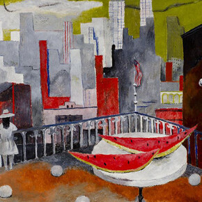 Rufino Tamayo, New York Seen from the Terrace [Nueva York desde la terraza], 1937, oil on canvas, 20 3/8 x 34 3/8 in. FEMSA Collection. © Tamayo Heirs/Mexico/Licensed by VAGA, New York, NY. Photo by Roberto Ortiz