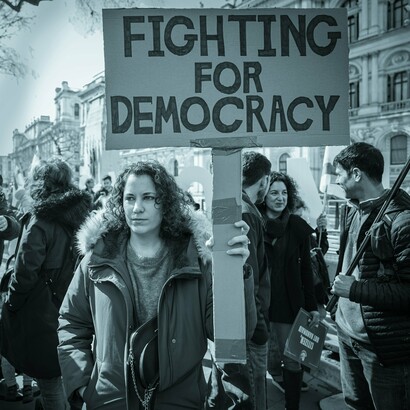Manifestante en Londres con un cartel que dice: "Luchando por la democracia"