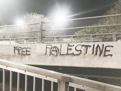 Free Palestine' graffiti in Newcastle upon Tyne, UK, December 2023