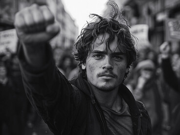 The man raises his fist in unity, symbolising the strength of collective action amidst a society grappling with the tension between individual rights and the common good