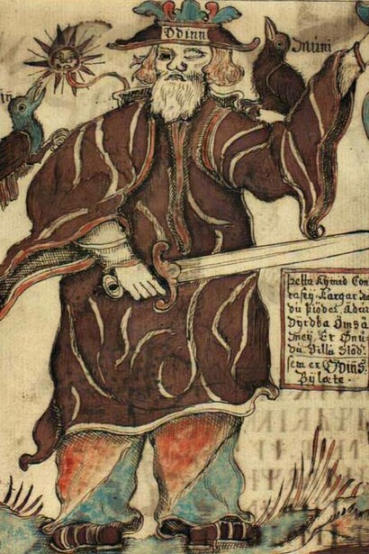Ólafur Brynjúlfsson, Illustrazione del dio Odino con i suoi due corvi Huginn e Muninn, da un manoscritto islandese del XVIII secolo