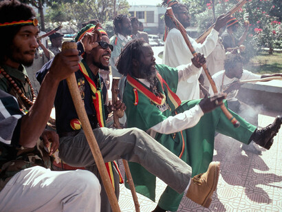 Members of the Nyabinghi Rasta movement during a ceremony, Jamaica, Kingston 