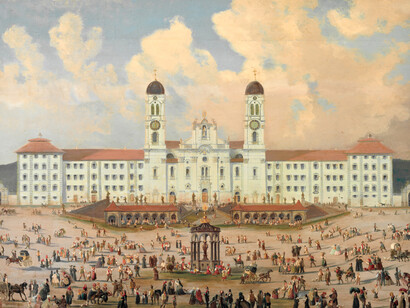 Einsiedeln Abbey around 1840/1850. Oil on wood. Einsiedeln Abbey, art collection. Photo: Swiss National Museum