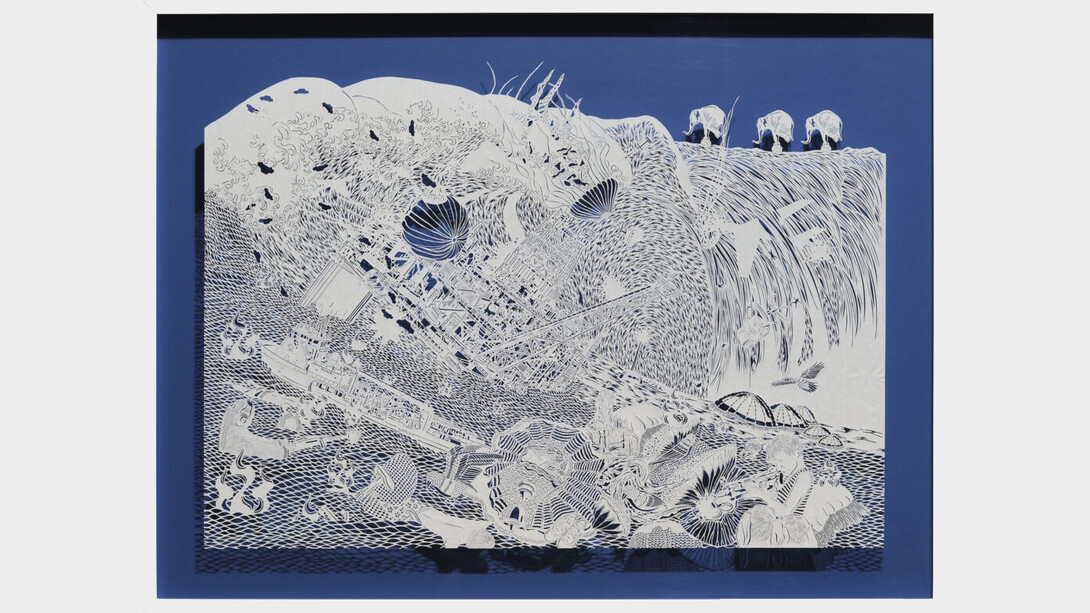 Bovey Lee,
Tsunami-Oblivious, 2009.
Chinese rice paper,
34 3/4 x 45 3/4 x 3 inches. Courtesy of the artist and Rena Bransten Gallery