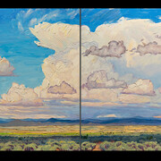 Jivan Lee, West from 150 at Noon (diptych), 2023, oil on panel, 48x96.25 inches. Courtesy the artist and LewAllen Galleries
