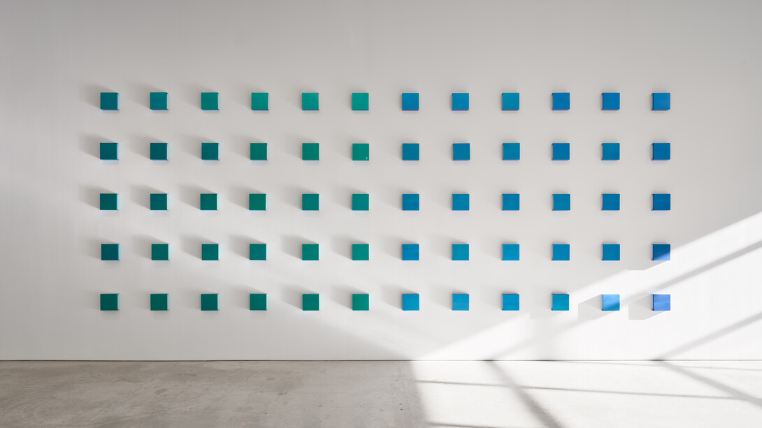 Kuwayama, Untitled, 2016. Titanium (blue) and titanium (blue-green), 60 elements, each 7 7-8 x 7 7-8 in., 20 x 20 cm. Courtesy of Marlborough Gallery, New York. Photo by Olympia Shannon