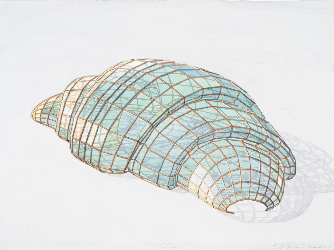 Los Carpinteros, Croissant I , 2013, Watercolour on paper, 80 x 113.5 cm, Courtesy of Galerie Peter Kilchmann, Zurich © Los Carpinteros