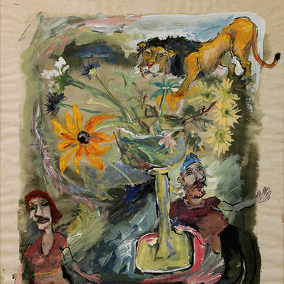 James Martin,
Lion In Bouquet, 24.25 X 18 in.
gouache on paper. Courtesy of the artist and Foster/White Gallery