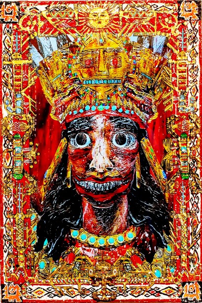 He Who Shakes The Earth (Pachacuti – Inca King)
2015, acrylic, gold leaf, mixed media with LCD screen and video. 36 x 24 inches