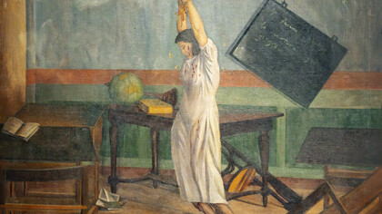 Angela Debot, "Santa cultura, mártir del facismo" de la Exposición Trimestral de Artes Plásticas,1938,  Museo nacional de Arte de Cataluña, Barcelona, España