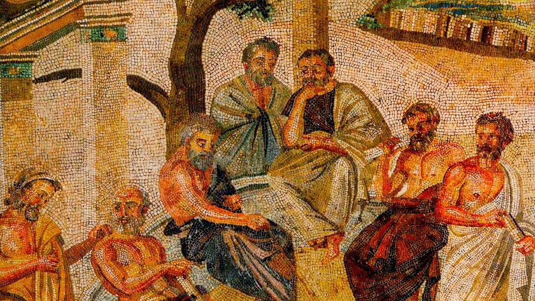 Mosaico del siglo I hallado en Pompeya que representa a la Academia de Platón. Actualmente en el Museo Arqueológico Nacional de Nápoles