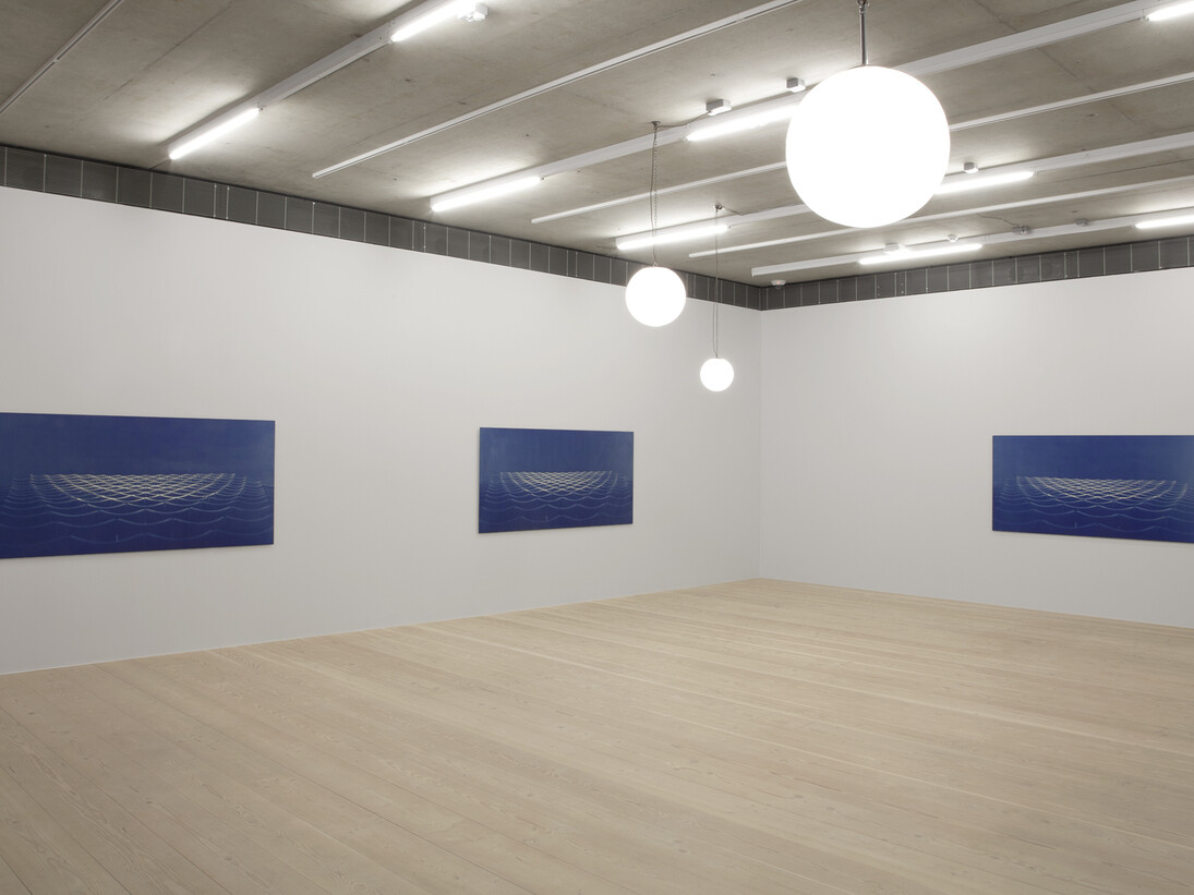 Bridget Smith, Blueprint for a Sea (series), 2015, four cyanotype prints on aluminium, five opaline globe lights, Courtesy Focal Point Gallery, Photo: Manuela Barczewski