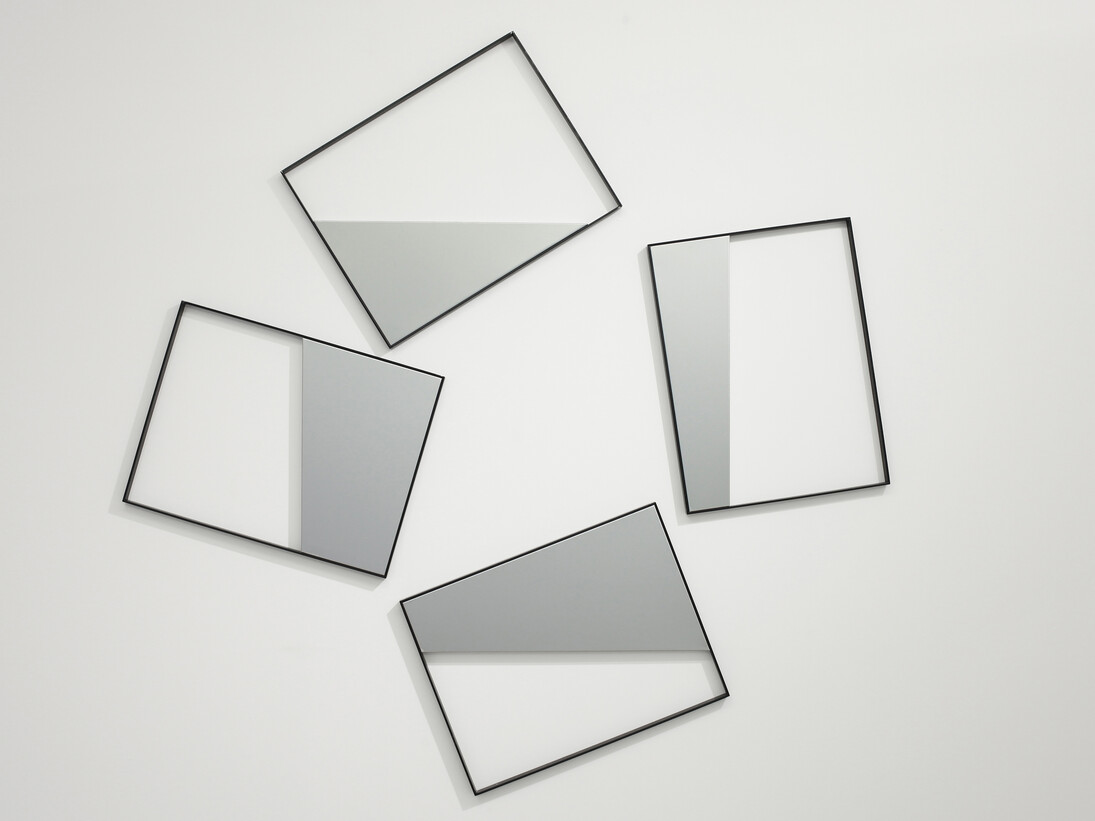 Grazia Varisco, Quadri Comunicanti IN, 2008, iron, aluminium, 4 elements, 64 x 49 cm each, Grazia Varisco. Filo rosso 1960/2015, installation view, Cortesi Gallery, Lugano, photo by Bruno Bani, courtesy Cortesi Gallery, Grazia Varisco