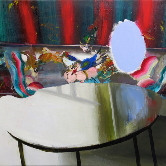 Judith Simonian, Blue Mirror Table, 2014, Acrylic on canvas, 28h x 30.75w in. 