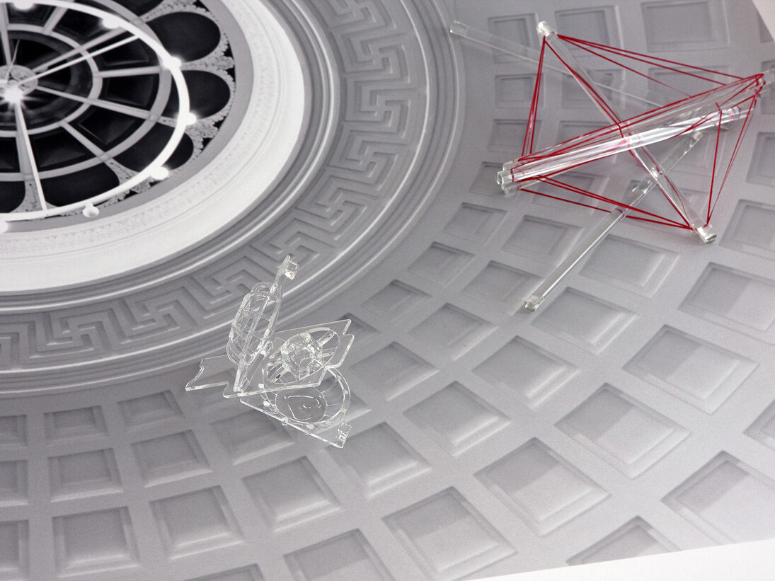 Andrea Jespersen, ‘We are the ashes of dying stars, we are nuclear waste’ [detail], hand-printed analogue gelatin silver print, wood floor (South London Gallery), Borosilicate glass (medical grade), Mobilon band, powder-coated stainless steel.2013
