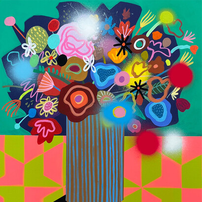 Mary Finalyson, "Floral Triptych" (detail), Flashe, Gouache, Spray Paint, Oil Stick on Canvas, 25.5 x 63.5 inches, Framed. Courtesy of the artist and JoAnne Artman Gallery