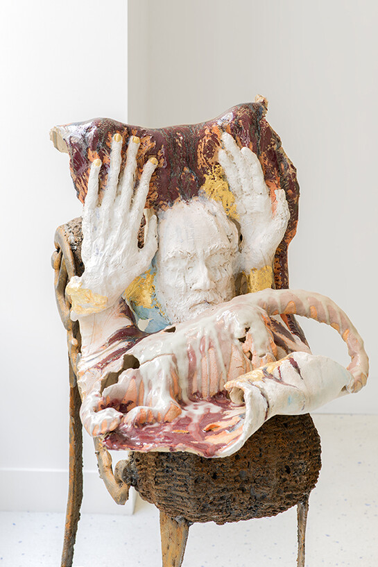 Jean-Marie Appriou, Père du Désert I, 2015, Enamelled earthenware, paint and gold leaf gilding, Iron casted zoomorphic pedestal, Stoneware : 45 x 55 x 55 cm, Overall dimensions : 123,8 x 54 x 70 cm