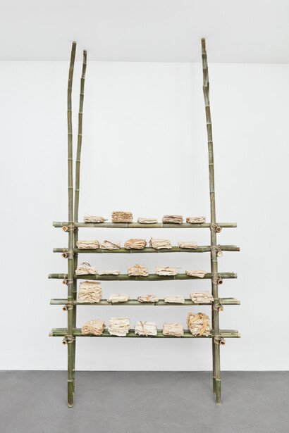 Laura Anderson Barbata, Archive X (view 1), 1998-2023, handmade abaca paper bundles with inclusions from the New Testaments in various languages on bamboo structure, unique, dimenions variable, photo by Olympia Shannon. Courtesy the artist and Marlborough New York