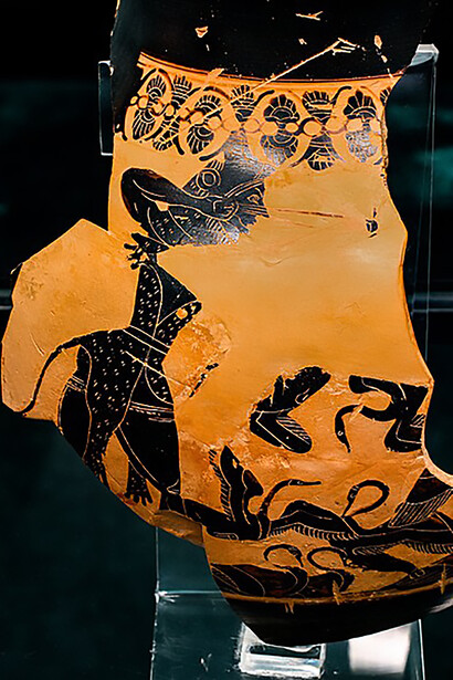 Herakles with a sling, defeating the birds of Lake Stymphalos, believed to be produced in Athens, offering insight into Greek mythology and ancient artistic representation