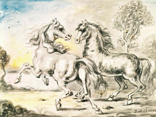 Giorgio de Chirico (1888-1978), Two Horses in a Town, 1950s, Tempera on cardboard, 30 x 40 cm, Private collection