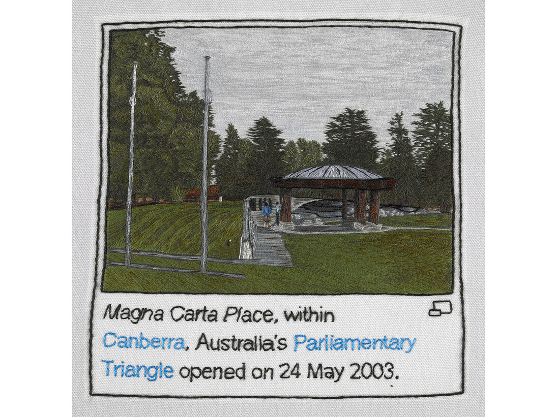 Magna Carta Place in Canberra, stitched by Jill Hazell, Embroiderers’ Guild (South West Region)